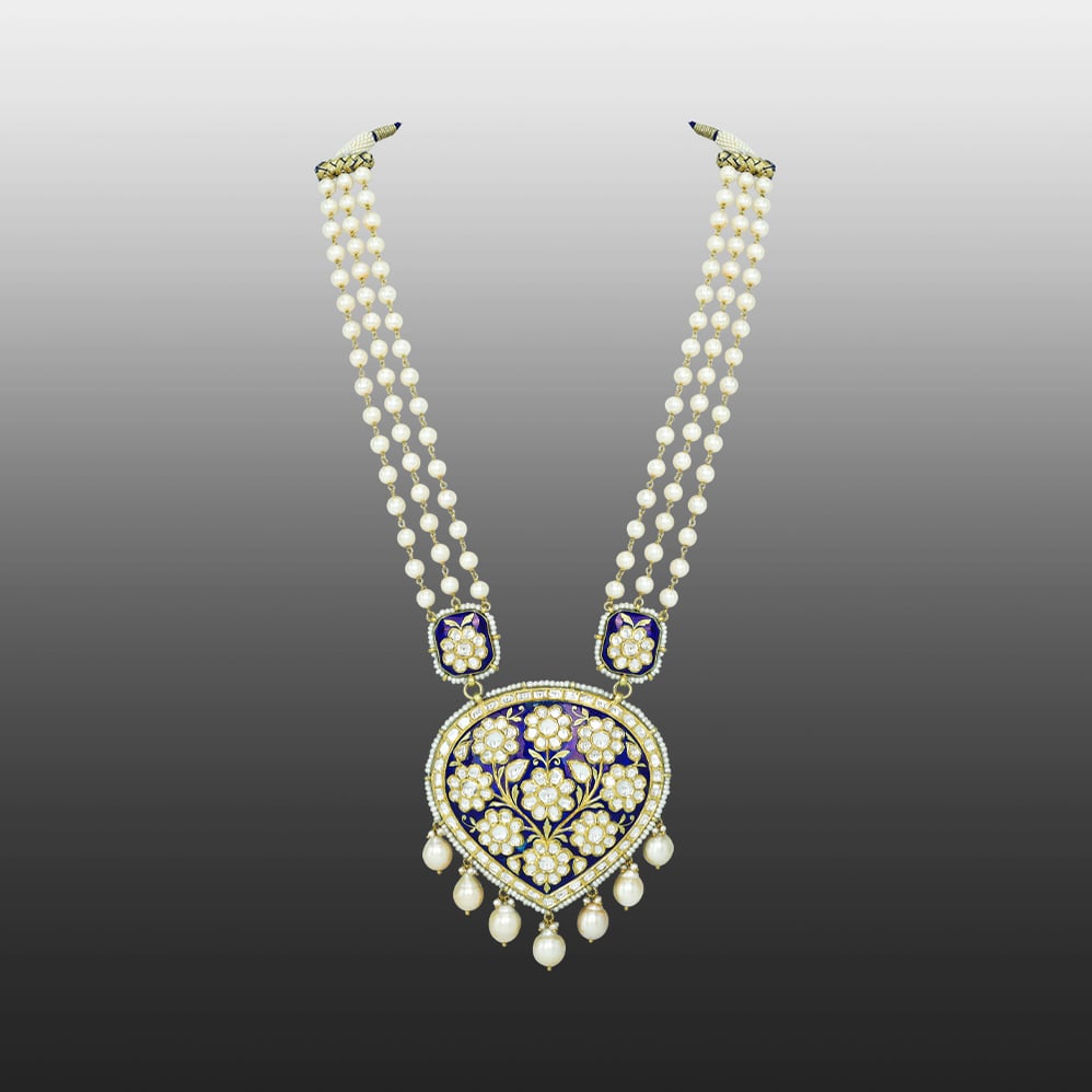 Pearl Strand Necklace with Blue Meena Polki Floral Pendant